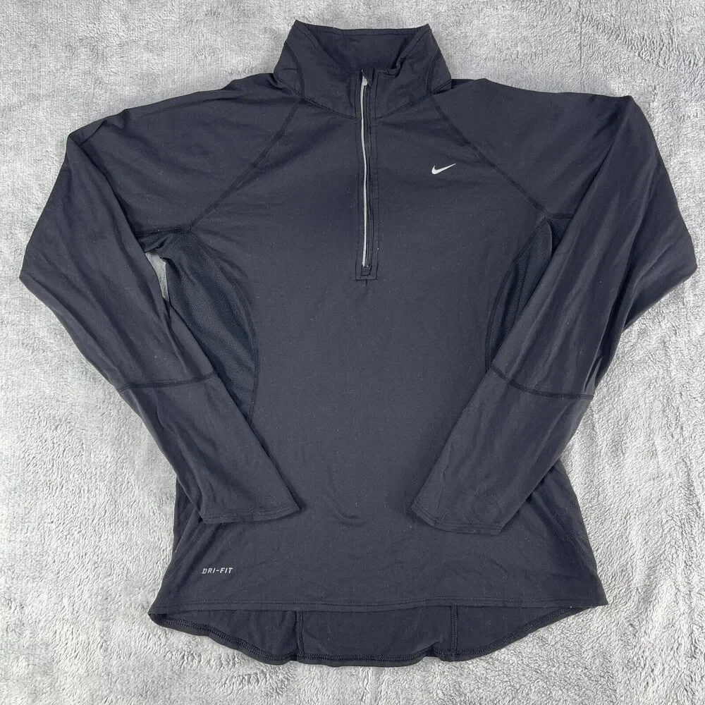 Nike Dri-Fit Top Women's Medium Black Nylon‎ Stretch Logo Raglan Sleeve 1/2 Zip